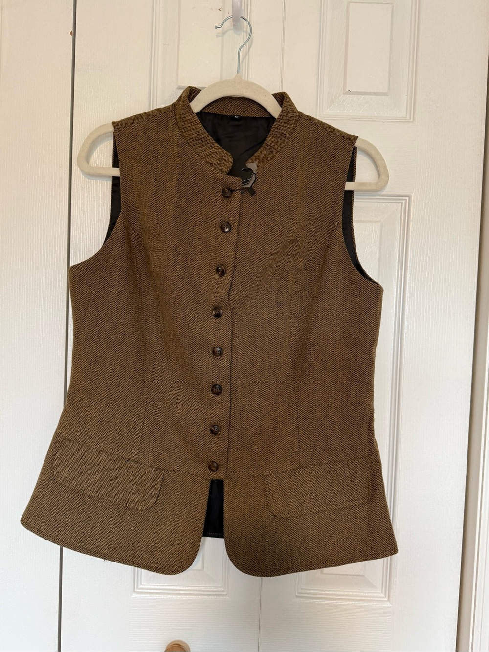 Herringbone Tweed feminine Stand-Collar Button Vest. Fall. Festival. Classic.